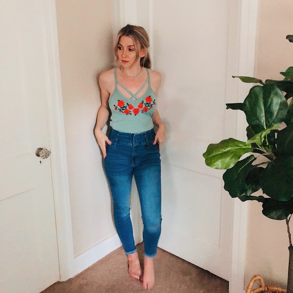 Seafoam Teal Green Strappy Tank Embroidered - Picture 1 of 5